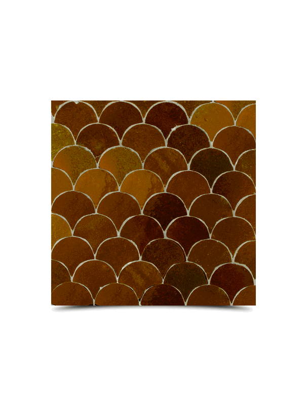 Moroccan Fish Scale Mosaic Tiles - Handcrafted Coffee Brown Scallop Pattern