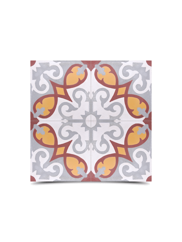 Moroccan Cement Floral Pattern Tiles - White, Gray, Red, Yellow