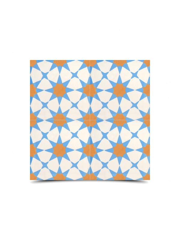 Moroccan Cement Pattern Tile in Orange, Blue & White