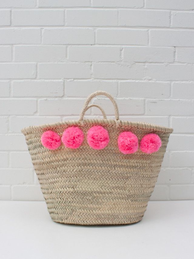 Pink Pom Pom Moroccan Handbag Basket - Sustainable & Stylish Choice