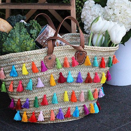 Moroccan Handwoven Straw Handbag with Pom Pom Embellishments