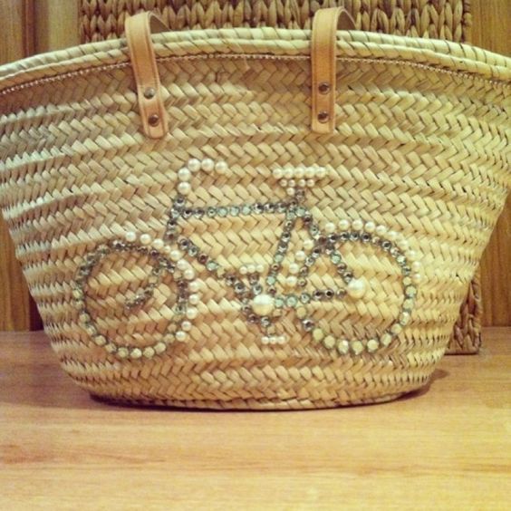 Bolso de Paja Marroquí con Motivo Bordado Bycle - Hecho a Mano por Mujeres Bereberes