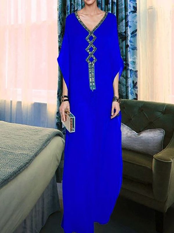 Elegant Bohemian Embroidered Kaftan Dress - Moroccan Style.