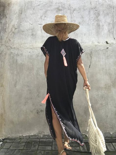 Moroccan Print Maxi Kaftan Beach Cover Up - Lightweight Silky Fabric, Front Slit, Versatile Day-to-Night Style