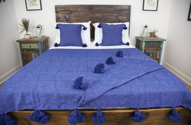 Blue Moroccan Pom Pom Wool Blanket - Handmade Elegant Bedspread & Sofa Throw