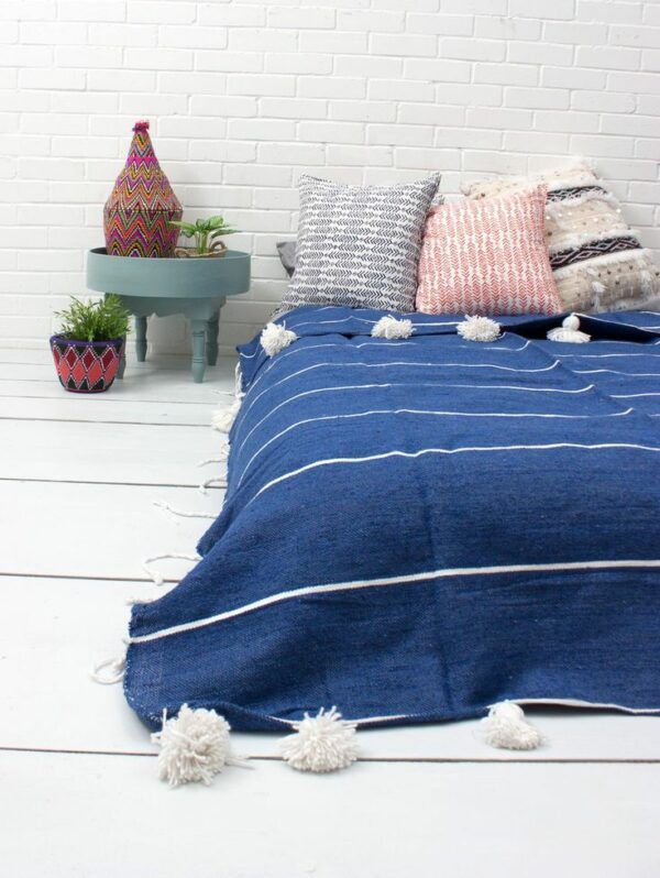 Moroccan Pom Pom Wool Blanket - Handwoven Grey Blanket