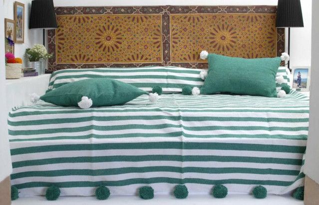 Moroccan Pom Pom Blanket with Green and White Stripes