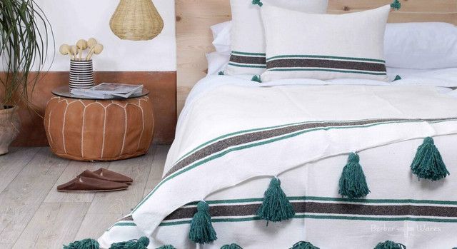 Handwoven Moroccan Cotton Pom Pom Blanket