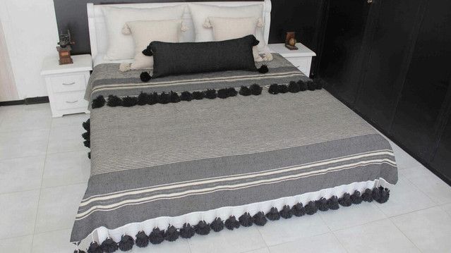Bohemian Grey Moroccan Pom Pom Blanket - Premium Wool Handcrafted Piece