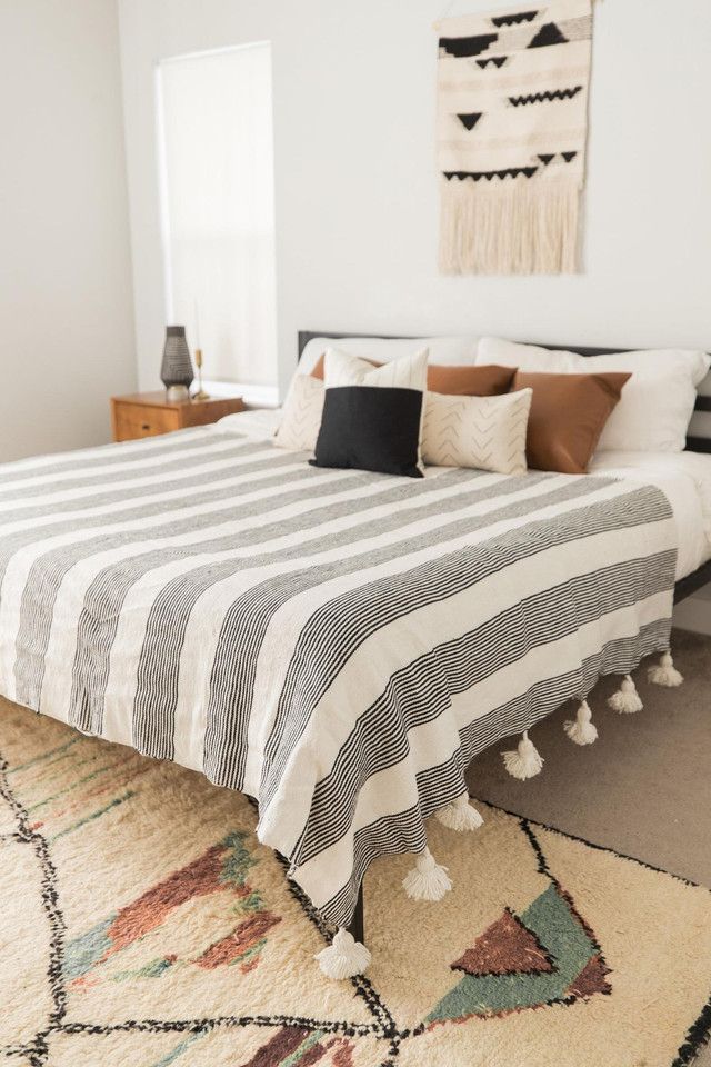 Grey and White Striped Pom Pom Moroccan Blanket