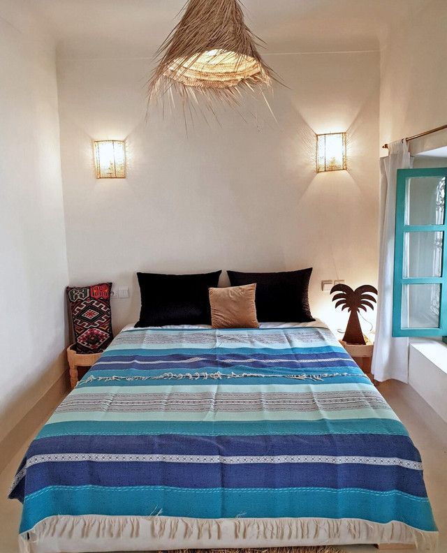 Blue Beige Moroccan Blanket with Pom-Poms