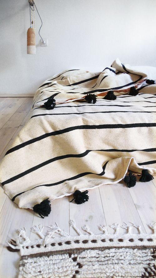 Handwoven Moroccan Wool Pom Pom Blanket in Beige and Black