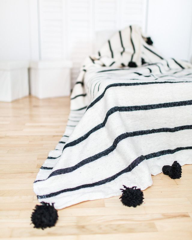 Elegant White and Black Striped Moroccan Pom Pom Wool Blanket