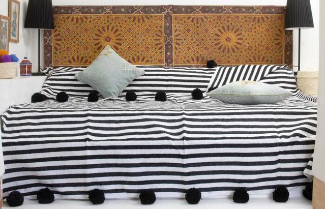 Moroccan Handmade Pom Pom Throw Blanket - Black & White Stripes