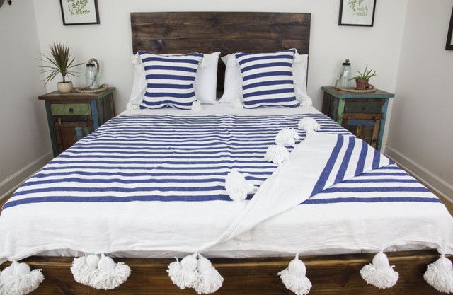 Moroccan Cotton Pom Pom Blanket - White and Blue Striped