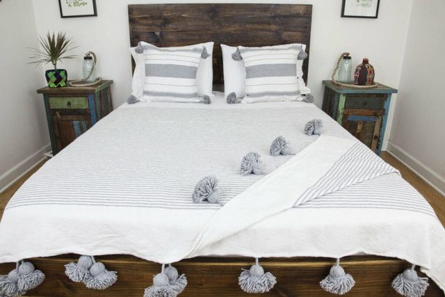 White and Grey Striped Moroccan Pom Pom Wool Blanket