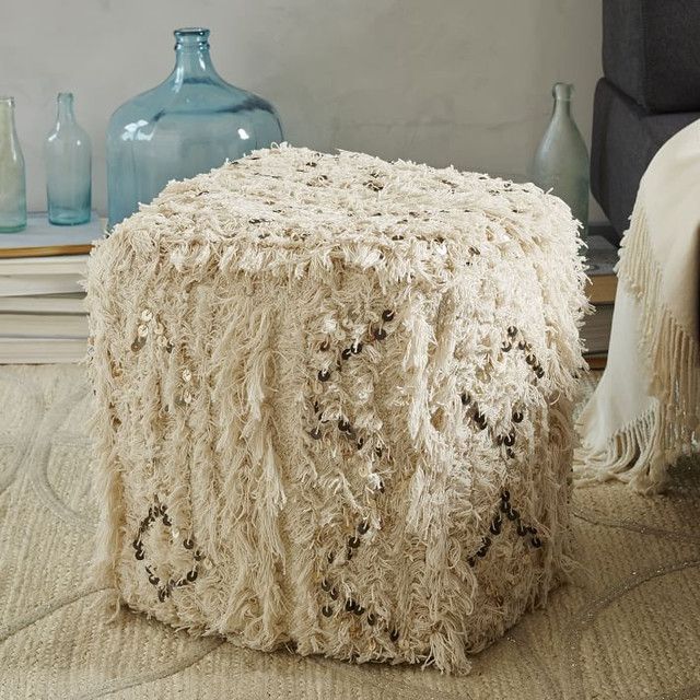 Moroccan Cotton Square Pouf with Fringed Edges and Stylish Sequins