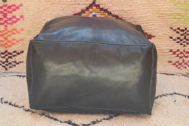 Luxurious Dark Grey Moroccan Leather Poufs - Handmade & Embroidered