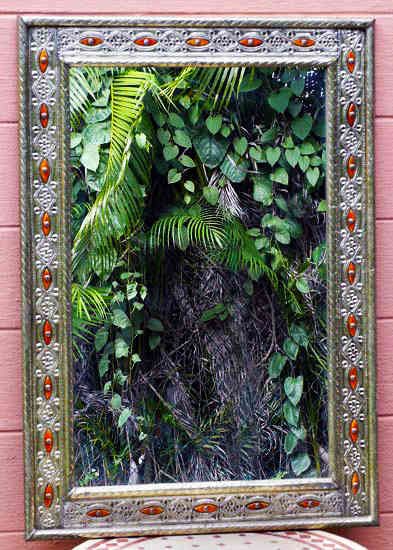 Moroccan Silvered Metal Engravings and Amber Stone Mirror