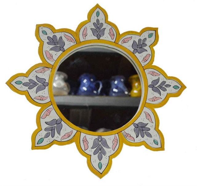 Vintage Moroccan Flower-Shaped Yellow Mirror - Hand-Painted Traditional Design