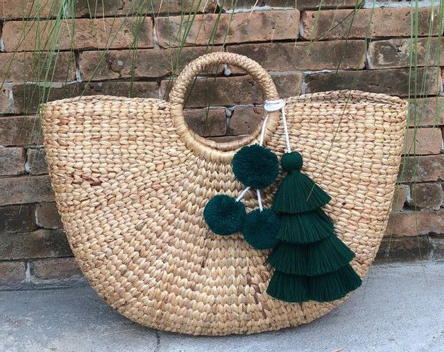 Moroccan Pom Pom Baskets - Emerald Green Handwoven Craft