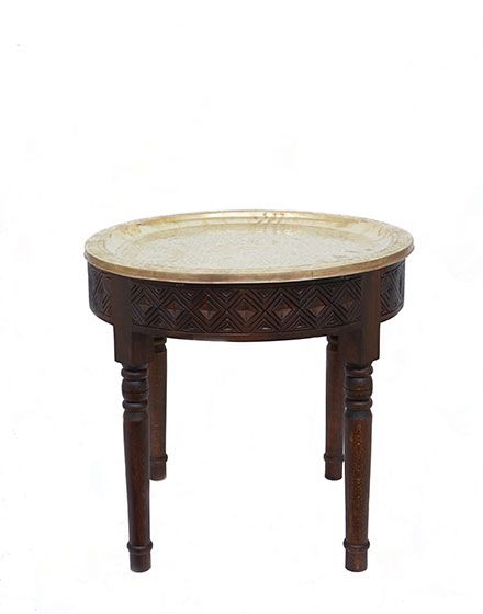 Moroccan Handmade Brass Table Tray with Wooden Legs