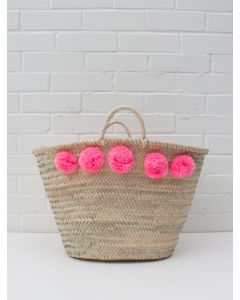 Pink Pom Pom Moroccan Handbag Basket - Sustainable & Stylish Choice