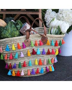 Moroccan Handwoven Straw Handbag with Pom Pom Embellishments