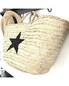 Moroccan Handwoven Straw Handbag - Black Star Print
