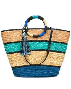 Moroccan Berber Handwoven Straw Handbag 057 - Blue Stripe