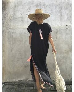 Moroccan Print Maxi Kaftan Beach Cover Up - Lightweight Silky Fabric, Front Slit, Versatile Day-to-Night Style