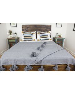 Gray Moroccan Pom Pom Handmade Blanket | Wool & Cotton Blend