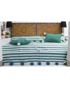 Moroccan Pom Pom Blanket with Green and White Stripes