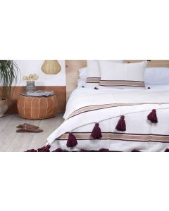 Handmade White Moroccan Pom Pom Blanket with Wine Poms