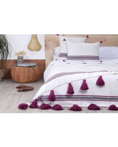 Handwoven Moroccan Pom Pom Cotton Blanket - White/Purple