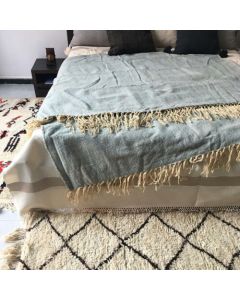 Handcrafted Light Blue Moroccan Cotton Blanket with Elegant Beige Fringe