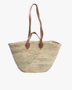 French Market Basket with Leather Straps - Handcrafted Moroccan Eco-Friendly Tote