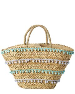 White and Blue Pom Pom Handwoven French Market Basket