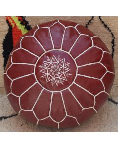 Moroccan Leather Pouf Handmade with Mahogany Flower Embroidery