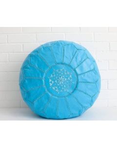 Handmade Baby Blue Moroccan Leather Pouf, Embroidered Low Seating