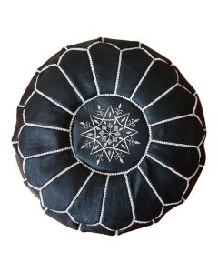 Handmade Black Leather Moroccan Pouf with Flower Embroidery