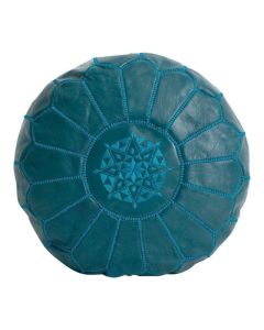 Flower Embroidered Genuine Leather Moroccan Pouf in Teal