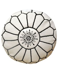 Moroccan Leather Pouf with White and Black Embroidery