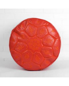 [Handcrafted Leather Pouf with Red Flower Embroidery | Genuine Moroccan Leather]