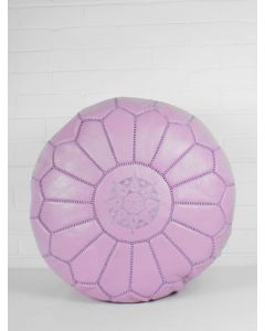 Moroccan Lilac Embroidered Leather Pouf - Handcrafted Comfort & Style