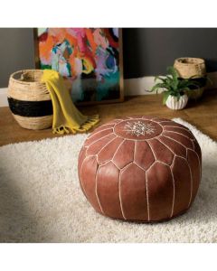 Embroidered Tan Genuine Leather Moroccan Pouf - Customizable Dimensions
