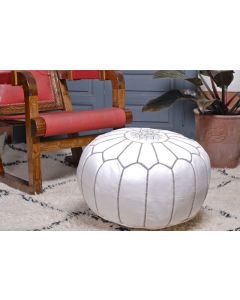 Luxurious Moroccan Leather Pouf with Elegant White Embroidery for Home Decor