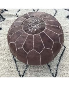 Moroccan Dark Brown Embroidered Leather Pouf 150 for Stylish Decor