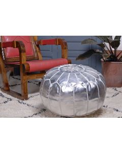 Moroccan Handmade Genuine Leather Pouf - Exquisite Silver Seating