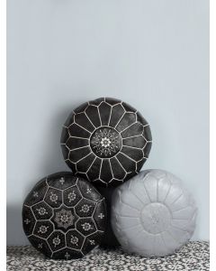 Moroccan Leather Pouf 161 with Black Flower Embroidery